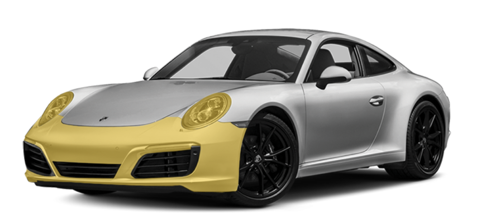 Front bumper clear bra paint protection film coverage zone highlighted on vehicle diagram installed by Alpine PPF in Denver Colorado.