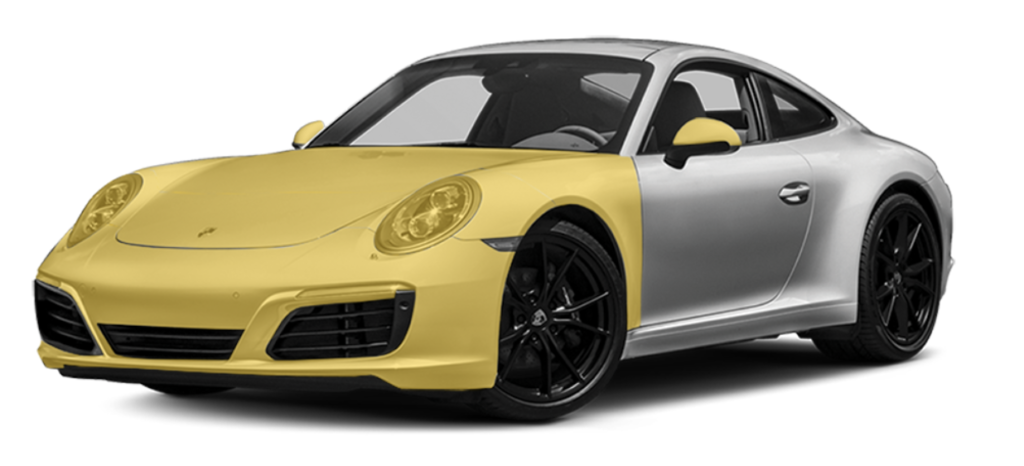 Full Front kit clear bra paint protection film ppf coverage zone highlighted on vehicle diagram installed by Alpine PPF in Denver Colorado.